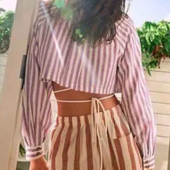 Free People Freddie Stripe crop buttoned down long sleeves cotton linen blend S - Picture 9 of 9